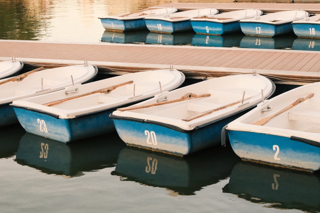 Rowboats docked at a marina